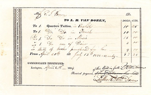 Receipt from the Collegiate Institute of Lexington